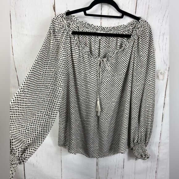 Max Studio Blouse Tie Neck Long Sleeve Ruched Cuff Geometric Polka Dot Boat Neck - Picture 4 of 8